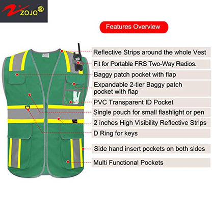 zojo High Visibility Safety Vest, 5PCS,Reflective with Multi-Functional Pockets and Zipper,for Men Women work(Green-Strip) - color: Green-strip