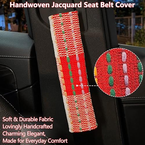 Car Seat Neck Pillow Elegant Bow Car Headrest Pillow Set - Cotton Linen Neck Cushion Universal Fit for Women Comes with 2 Seat Belt Covers (Red Set 4Pcs) - color: Red Set 4pcs