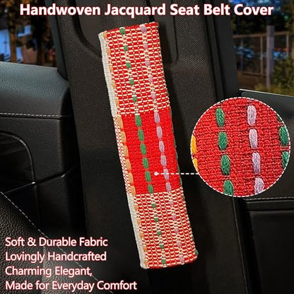 Car Seat Neck Pillow Elegant Bow Car Headrest Pillow Set - Cotton Linen Neck Cushion Universal Fit for Women Comes with 2 Seat Belt Covers (Red Set 4Pcs) - color: Red Set 4pcs
