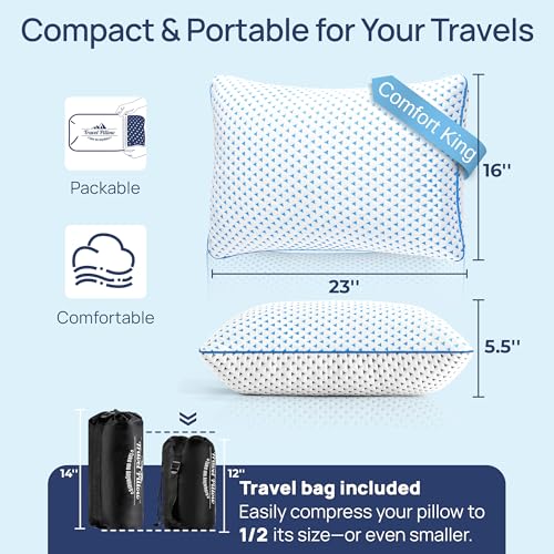 Cooling Shredded Memory Foam Travel & Camping Pillow Large, Adjustable College Dorm Pillow for Home-Like Comfort,Compressible Portable & Medium Firm Neck Support, Ideal Sleeping, Car, Airplane - size: L - 23 x 16 Inch