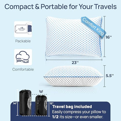 Cooling Shredded Memory Foam Travel & Camping Pillow Large, Adjustable College Dorm Pillow for Home-Like Comfort,Compressible Portable & Medium Firm Neck Support, Ideal Sleeping, Car, Airplane - size: L - 23 x 16 Inch