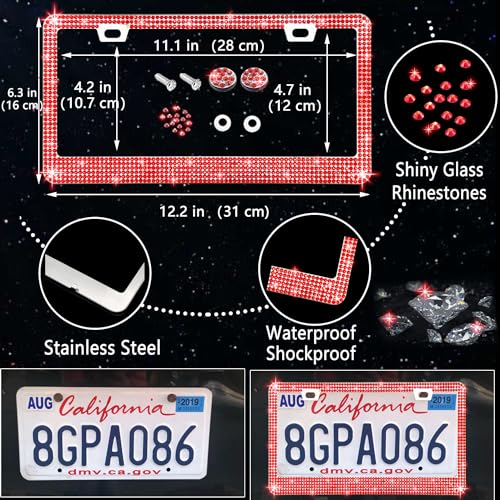 NBTEPEM 27 PCs Red Bling Car Accessories Set for Women, Steering Wheel Covers Universal Fit 15 Inch, Bling License Plate Frame, Bling Phone Holder, Bling Car Coasters (Red Diamond) - color: Red Diamond