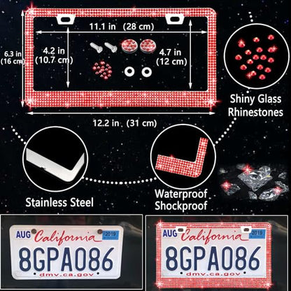 NBTEPEM 27 PCs Red Bling Car Accessories Set for Women, Steering Wheel Covers Universal Fit 15 Inch, Bling License Plate Frame, Bling Phone Holder, Bling Car Coasters (Red Diamond) - color: Red Diamond