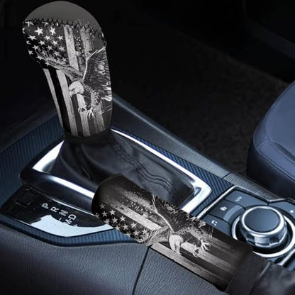 KEIAHUAN 2 Pack PCar Gear Shift Knob Cover & Handbrake Cover Breathable Anti-Slip Comfy Gear Shift Covers Universal for Most Cars,Sedans,SUVs, American Flag Eagle - color: American Flag Eagle-black
