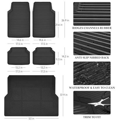 CAR PASS Black Rubber Car Floor Mats & Cargo Liners, All Weather Car Mats & Trunk Mats,Waterproof Automotive Floor Mats Trim to Fit for Most Cars Sedans SUVs Vans, Durable Heavy Duty Anti-Slip,Black - color: Black with cargo liner