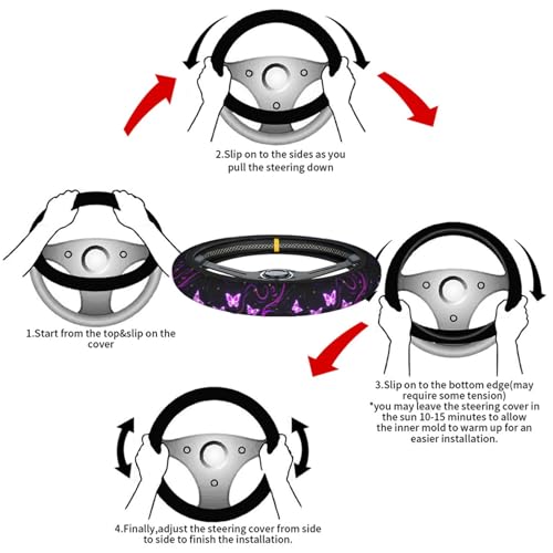 Swono Butterfly Purple Steering Wheel Cover for Men Women Abstract Purple Butterfly and Flower On The Black Universal 15 Inch Auto Neoprene Case Anti-Slip Car Wheel Protector - color: multi-049