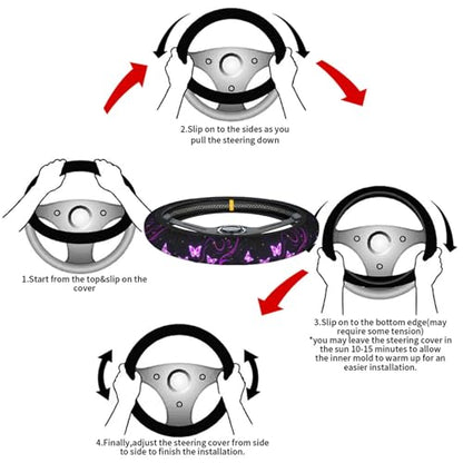 Swono Butterfly Purple Steering Wheel Cover for Men Women Abstract Purple Butterfly and Flower On The Black Universal 15 Inch Auto Neoprene Case Anti-Slip Car Wheel Protector - color: multi-049