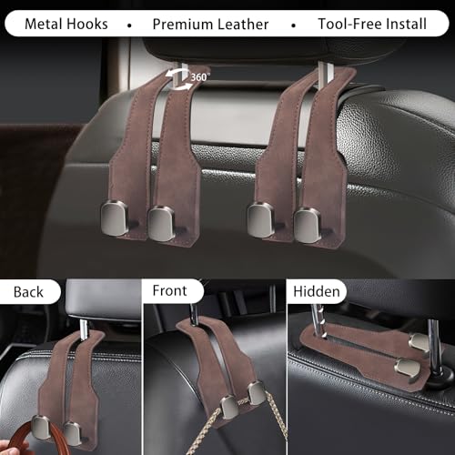 2Pcs Car Headrest Hooks with Premium Leather, Upgraded Double Metal Hooks with Anti-Drop Design, Universal Back Seat Hanger for Bags, Coats, Purses and Groceries (Stylish Brown) - color: Stylish Brown 2Pcs