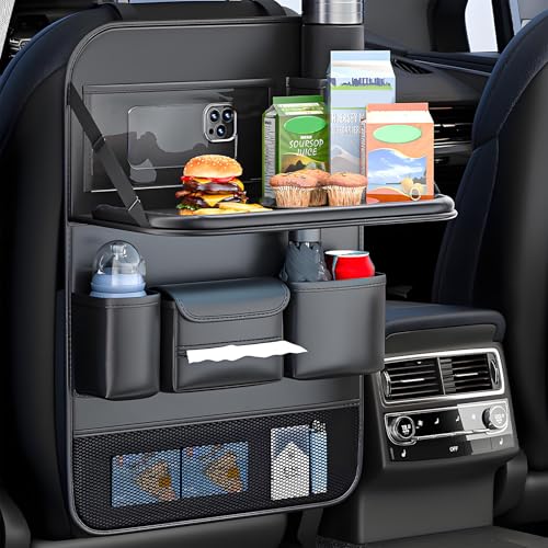 Universal Foldable Car Backseat Organizer with Table Tray, Car Seat Back Protector with Touch Screen Phone Holder, Premium Leather Kick Mats with Storage Pockets Tissue Holder (Black) - color: Black, size: 1 Pack