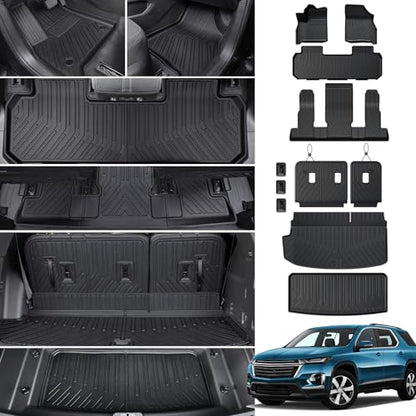 Floor Mat Cargo Mats for 2018-2022 2023 Chevrolet Chevy Traverse 7 Seats Car Mat Accessories, All Weather TPE Backrest and Lower Trunk Cargo Liner (18-23 7 Seats Set) - style: 18-23 7 Seats-Mats Set