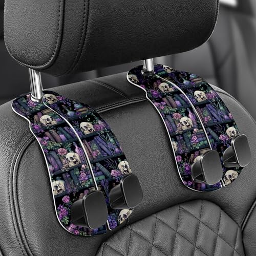 WOCOCN 2 Pack Car Purse Hook for Car Seat Headrest, Double-Sided PrintingPU Leather Purse Holder with Metal Hook, Cute Car Accessories for Women, Men (Car hook - Purple bookshelf skeleton A) - color: Car hook - Purple bookshelf skeleton A