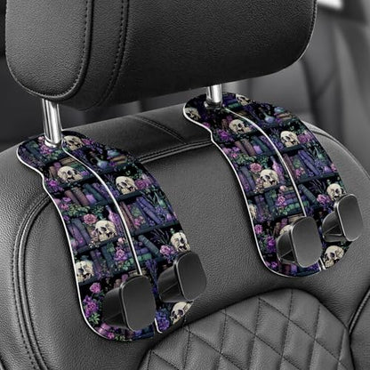 WOCOCN 2 Pack Car Purse Hook for Car Seat Headrest, Double-Sided PrintingPU Leather Purse Holder with Metal Hook, Cute Car Accessories for Women, Men (Car hook - Purple bookshelf skeleton A) - color: Car hook - Purple bookshelf skeleton A