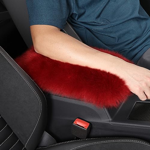 Genuine Sheepskin Center Console Cover Pad Genuine Furry Fluffy Wool Fur Car Armrest Cover Protector Universal Fit for SUV/Truck/Car - color: Long Wool-Wine Red