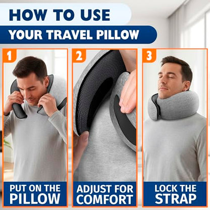 Travel Neck Pillow – 4-in-1 Set | Adjustable Memory Foam Airline Pillows for Sleeping on Long Flights, Earplugs, Eye Mask, & Cover | Cotton Cover, Hook-and-Loop Closure – Car and Train Use, G-Shaped