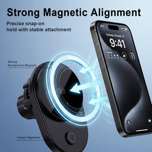 TeSabMi Magnetic Wireless Car Charger Mount with Active Cooling, Up to 25W Fast Charging for Compatible iPhone 17/16, Strong Magnet Air Vent Phone Holder, 360 Rotation, Fits iPhone 17/16/15/14/13/12