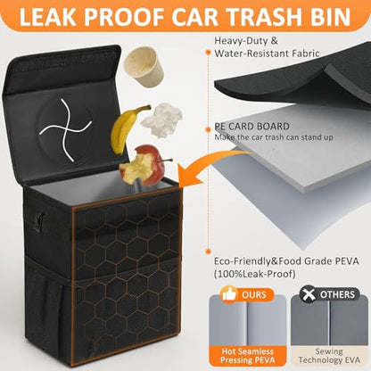 Vankor 3 Gallons Car Trash Can with Lid, Bag Bin Hanging Waterproof Automotive Car Garbage Cans Leak Proof Vehicle Trash Can Black - color: Black, size: 3 Gallons