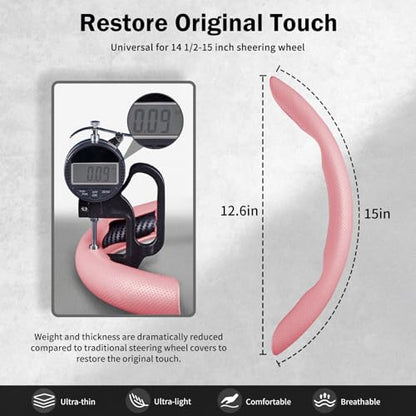Nappa Leather Car Steering Wheel Cover for Men Women, Ultra-Thin Non-Slip Breathable Microfibre, Universal for 14.5"-15" Steering Wheel - Pink - color: Pink