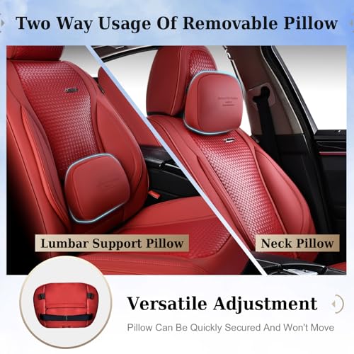 Coverado Seat Covers, Car Seat Covers Front Seats, Waterproof Nappa Leather Auto Seat Cover with Lumbar Head Pillow, Red Seat Covers Carseat Cover Universal Fit for Most Cars - color: Red（Pillow）, size: Front