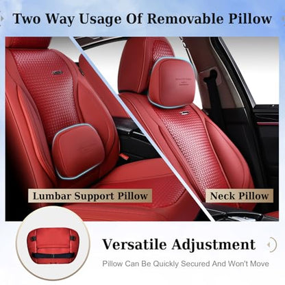 Coverado Seat Covers, Car Seat Covers Front Seats, Waterproof Nappa Leather Auto Seat Cover with Lumbar Head Pillow, Red Seat Covers Carseat Cover Universal Fit for Most Cars - color: Red（Pillow）, size: Front
