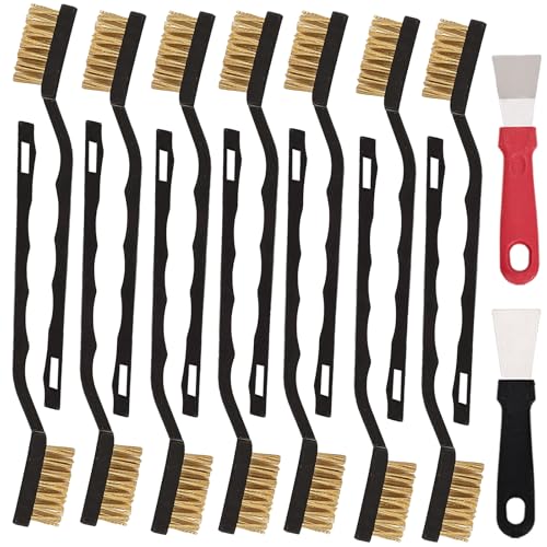 12 Pcs Mini Brass Brush Set, Brass Scratch Brush with Curved Handle, Cleaning Weld Slag and Rust - style: Brass