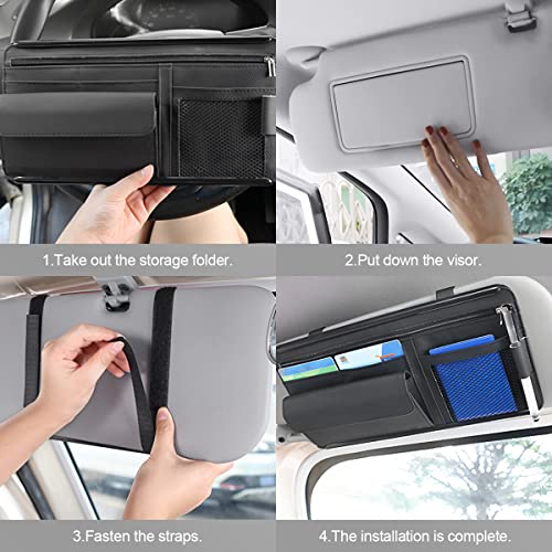 Car Sun Visor Organizer, Car Visor Pocket Wallet Pouch Holder, Vehicle Sunshade Glasses Case Storage Bag with Multi-Pocket Net Zipper, Auto Interior Accessories Universal for SUV Truck Van (Beige)