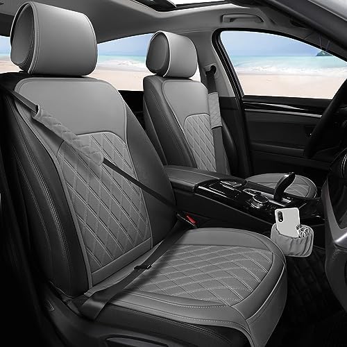 Front Car Seat Covers - Leather Seat Covers with Storage Pocket and Two Belt Pads, Anti-Slip Waterproof Universal Seat Covers for Cars Fit Cars Trucks SUV(Grey,2 Pack) - color: Grey