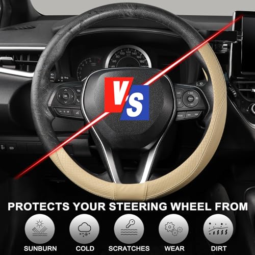 SEG Direct Steering Wheel Cover 14.5-15 inch (37-39 cm) Medium Size, Microfiber Leather, Non-Slip Comfortable Grip, Fits Cars Trucks SUVs, Beige - color: Beige, size: Standard size[14 1/2''-15'']