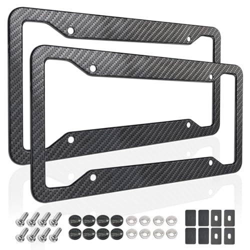 ZXFOOG Carbon Fiber License Plate Frames- 2 Pack Black Aluminum Front & Rear Auto Car Tag Holder, Heavy Duty Bracket with Mount Hardware, Screws Caps, Rattle Proof Pads (Carbon Pattern - color: Carbon pattern
