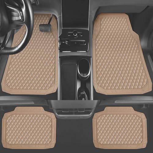 CAR PASS Beige Rubber Car Mats, All-Weather Floor Mats Full Set Durable Anti-Slip 3D Rhombus Waterproof Automotive Pad Trim to Fit Liner Universal Fit for Sedan SUV Truck Van, 4 Pcs All Beige Rubber - color: Beige