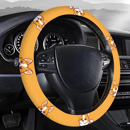 Steering Wheel Covers for Car, Truck, and SUV, Cute Non-Slip Breathable Elastic Steering Wheel, Car Accessories, Universal 15 Inch Leather Cover for Men Women Corgi Dog - color: Corgi Dog