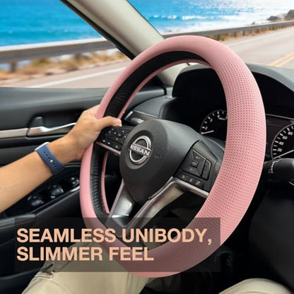 PINCTROT D Shaped Nappa Leather Steering Wheel Cover, Slim Fit No Bulk Design, One Piece Leather with Breathable Perforation, Fit Like Gloves, Flat Bottom 14.5-15 Inch(Nappa Pink) - color: 04.Pink, size: D Shaped/Flat Bottom[14 1/2''-15'']
