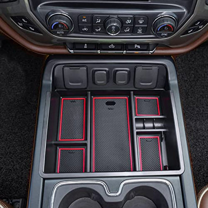 EDBETOS Console Organizer Compatible with 2014-2018 Chevy Silverado/GMC Sierra 1500 and 2015-2019 Silverado/Sierra 2500HD/3500HD Accessories Compartment Insert Tray - Full Console w/Bucket Seats ONLY - color: Red Trim
