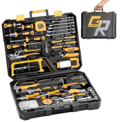GRENPRO 218 Piece Tool Kit for Home, Tool Box with General Household Hand Tools Set, Herramientas with Screwdrivers, Wrenches, Hammer, Bow Saw, Folding Work Lamp, Electric Pen and Other Basic Tool Kit - style: Yellow Hand Tool Set 218PC