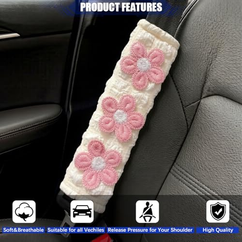 JDDRY 2PC Car Seat Belt Covers Pads,Seat Strap Pads,Auto Seat Belt Pad,Fit for Most Vehicles,Car Interior Accessories(Three Flower,Pink) - color: Three Flower-Pink