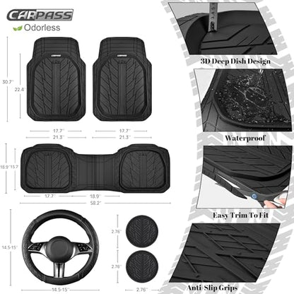 CAR PASS Leather Rubber Steering Wheel Cover 14 1/2” -15”,Tire Tread Pattern Design,Non-Slip Wear-Resistant, Heavy Duty Deep-Dish Car Floor Mats, Trim-to-Fit Car Mat,Fit for Steering Wheel Black - color: All Black Combo Sets 38