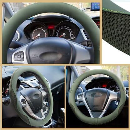 BBTO 4 Car Accessory Set, Steering Wheel Cover, Ceramic Coasters, Daisy Flower Clip Air Freshener, Crystal Hanging Ornament for Women(Sage Green)