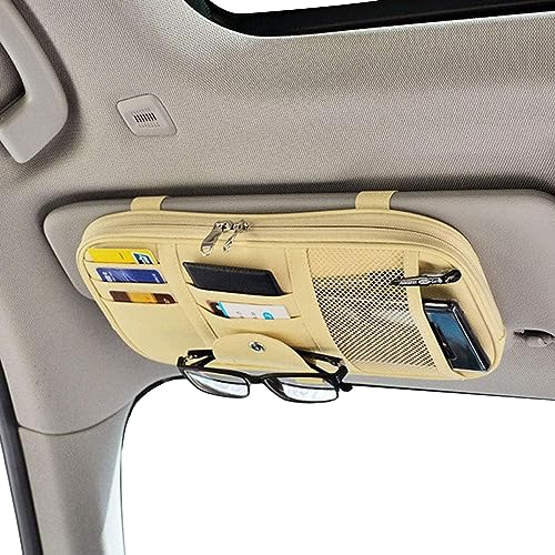 Da by Car Sun Visor Organizer, Multi-Pocket Visor Organizer Storage Pouch for Cars, SUVs & Trucks with Double Zippers, Elastic Bands & Glasses Clip- Organizes Essentials Keep Tidy (Beige Light Yellow) - color: Beige Yellow