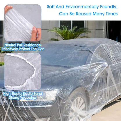 4 Pack Disposable Car Covers, Clear Plastic Car Cover Universal Vehicle Cover Rain Dust Garage Cover Car Protective Cover with Elastic Band Medium for Sedan Outdoor Snow Rain Weather(12 ft x 22 ft)