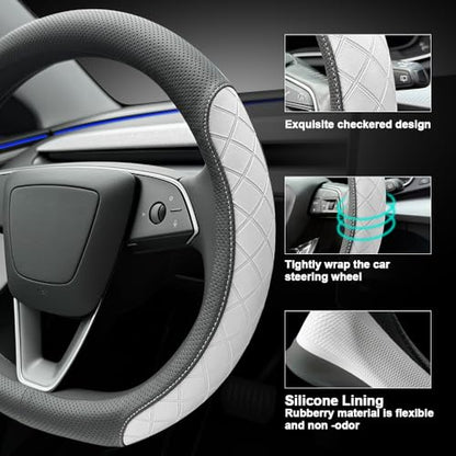 LKWLIKEI Leather Steering Wheel Cover. Elegant Diamond Checkered Design, Non-Slip and Breathable, for Tesla Model 3/Y Steering Wheel Protector,Black White - color: Black White