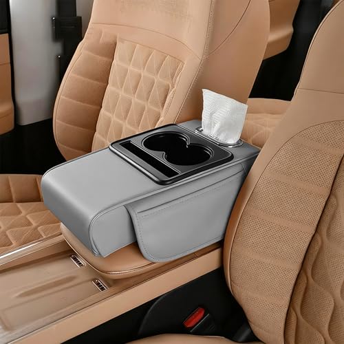 Car Armrest Storage Box,Car Accessories Console Organizers and Storage,Universal Waterproof Leather Console Cover with Cup Holder and Phone Holder,Suitable for Most Cars (Normal, Gray) - color: Gray, style: Normal