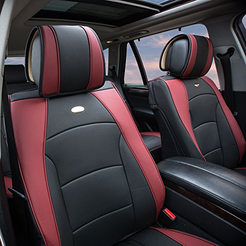 FH Group Ultra Comfort Highest Grade Faux Leather Full Set Cushion Pads Car Seat Covers for Front and Rear– Universal Fit for Cars Trucks & SUVs (Burgundy/Black) - color: Burgundy, style: Full Set