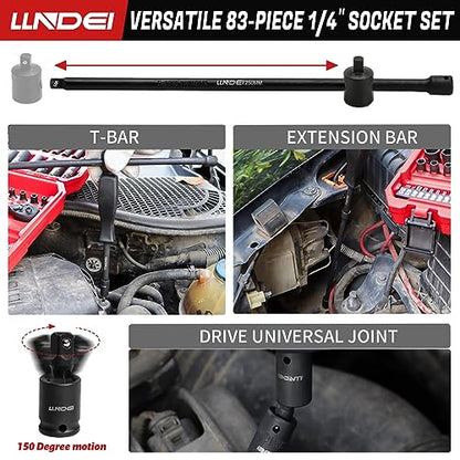 LLNDEI 1/4 inch Drive Impact Socket Set 83 Piece,Standard SAE(5/32-9/16 inch) Metric Size(4-15mm),72T Ratchet Wrench Handle,CR-V Mechanics Tool Set with Adapter,Screwdriver Bits for Automotive Repair - size: 83-Piece 1/4" Drive Impact Socket Set