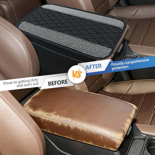 Bling Leather Car Center Console Cover, 12.2"×7.48" Crystal Rhinestone Automotive Arm Rest Cover with Side Pockets, Universal Vehicle Armrest Protector, Interior Car Accessories (White) - color: White