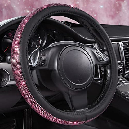 CAR PASS Bling Diamond Leather Steering Wheel Cover, Bling Sparkly Crystal Glitter Rhinestones Universal Fit 14" 1/2-15" Car Wheel Protect for Women Girl Fit Suvs,Vans,Sedans,Cars,Trucks, Pink Black - color: Pink Diamond on Velvet
