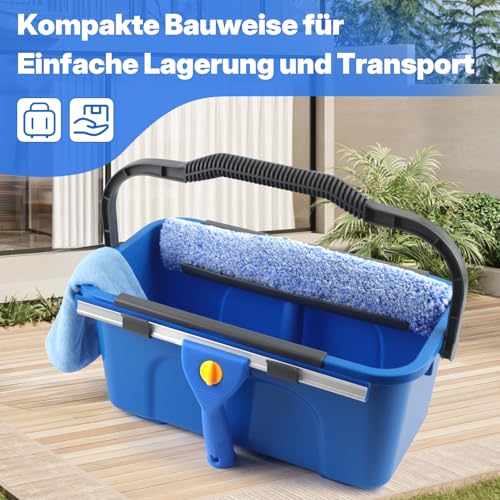 Window Cleaning Kit with Bucket 3 Gallon, 14" Window Squeegee and 15" Scrubber with 61" Long Handle, Professional Window Washing Equipment Cleaner Tool for Home Outdoor Commercial Use