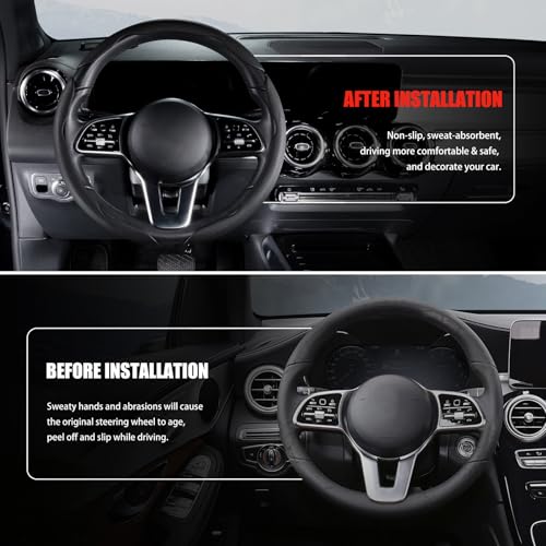 Nappa Leather Car Steering Wheel Cover for Men Women, Ultra-Thin Non-Slip Breathable Microfibre, Universal for 14.5"-15" Steering Wheel - Black - color: Black