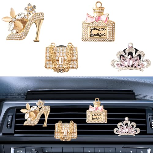 4PCS Bling Car Air Vent Clip, Crystal Rhinestone Heels Bag Crown Perfume Bottle Dashboard Air Vent Trim Clips, Car Interior Outlet Diffuser Decoration Accessory for Women (Gold) - size: Gold