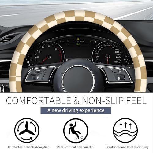 Steering Wheel Covers for Car, Truck, and SUV, Cute Non-Slip Breathable Elastic Steering Wheel, Car Accessories, Universal 15 Inch Leather Cover for Men Women Brown Checkered - color: Brown Checkered