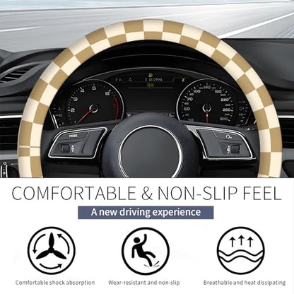 Steering Wheel Covers for Car, Truck, and SUV, Cute Non-Slip Breathable Elastic Steering Wheel, Car Accessories, Universal 15 Inch Leather Cover for Men Women Brown Checkered - color: Brown Checkered