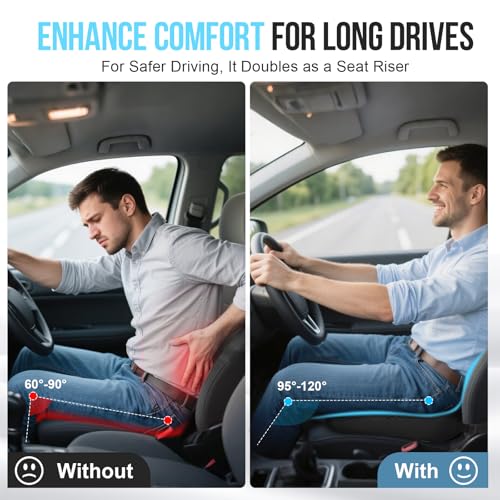 Car Seat Cushion for Driving – Ergonomic Wedge Memory Foam Booster Automotive Seat with Non-Slip Bottom & Adjustable Strap – Car Seat Pad for Car, Truck, Vehicle